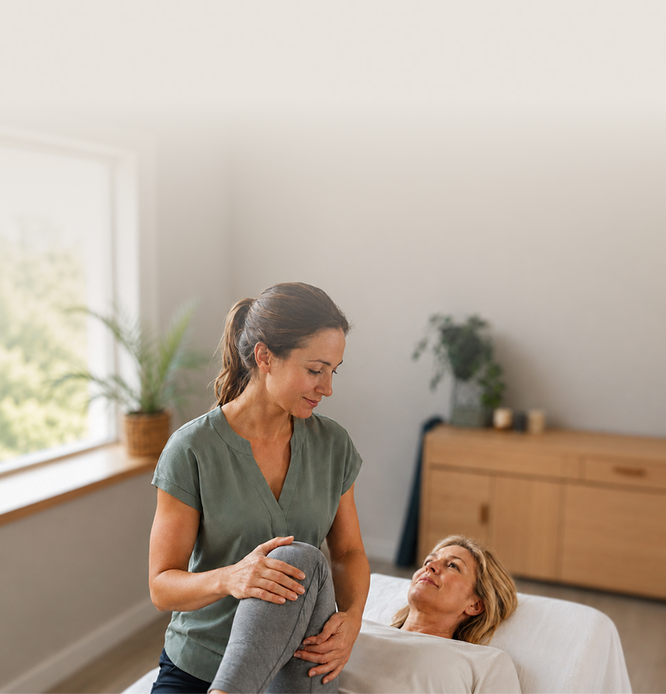 A physiotherapist treating a patient in a warm, light-filled room