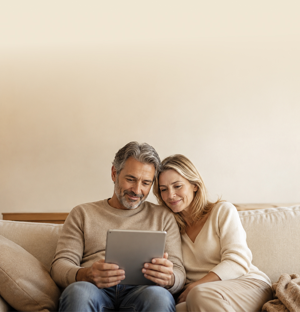 A couple on a sofa looking at a tablet together in natural light