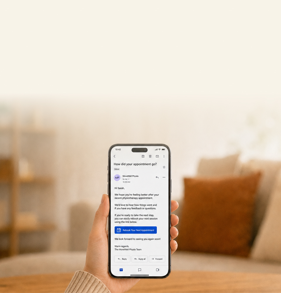 A rebooking email open on a phone held in one hand