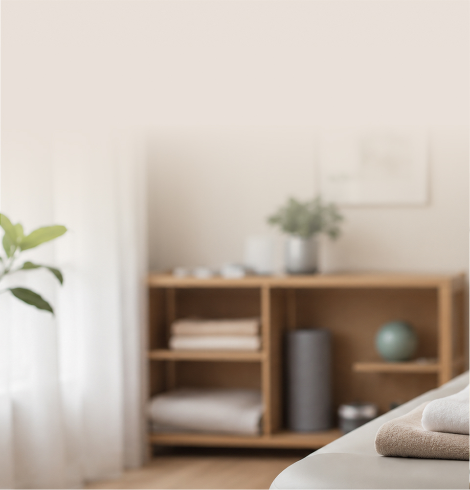 A calm treatment room with timber shelving and soft daylight